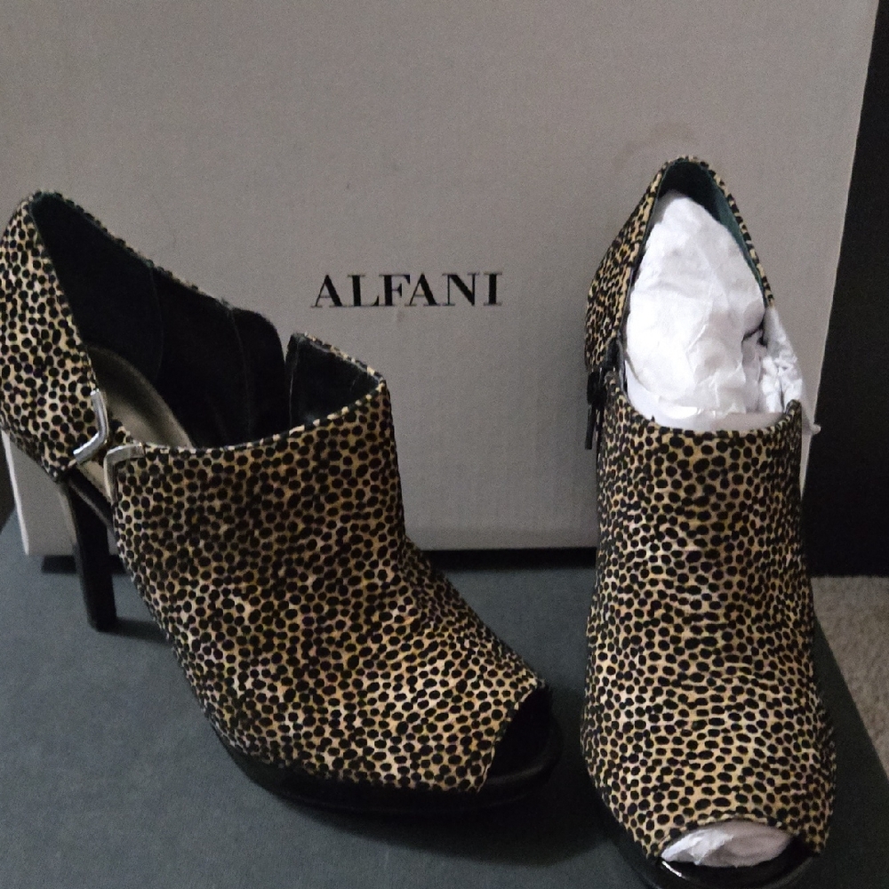 Alfani Leopard-Print Peep Toe Ankle Booties - Tan/Black